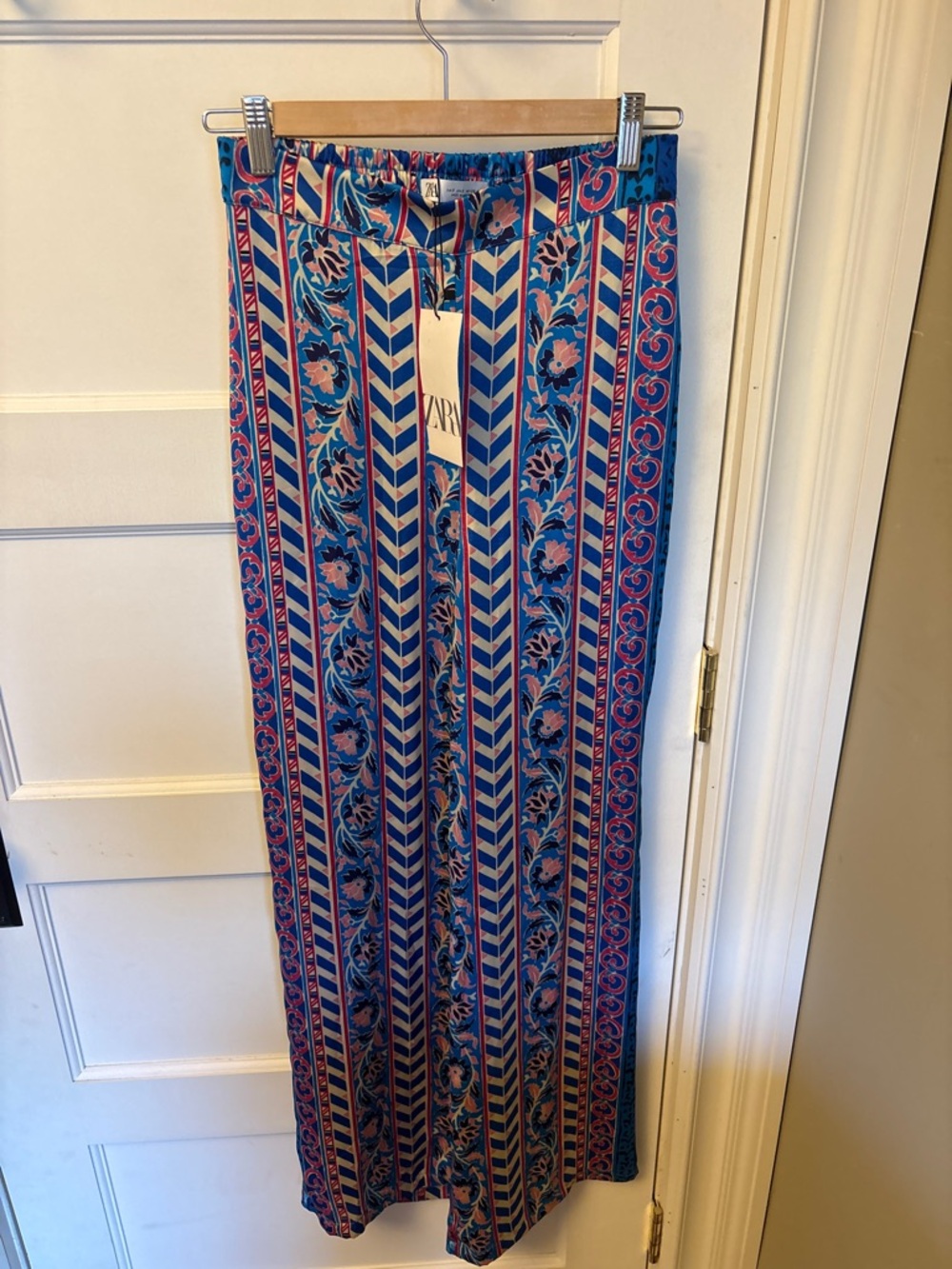 Zara Blue Pink Floral Chevron Palazzo Pants